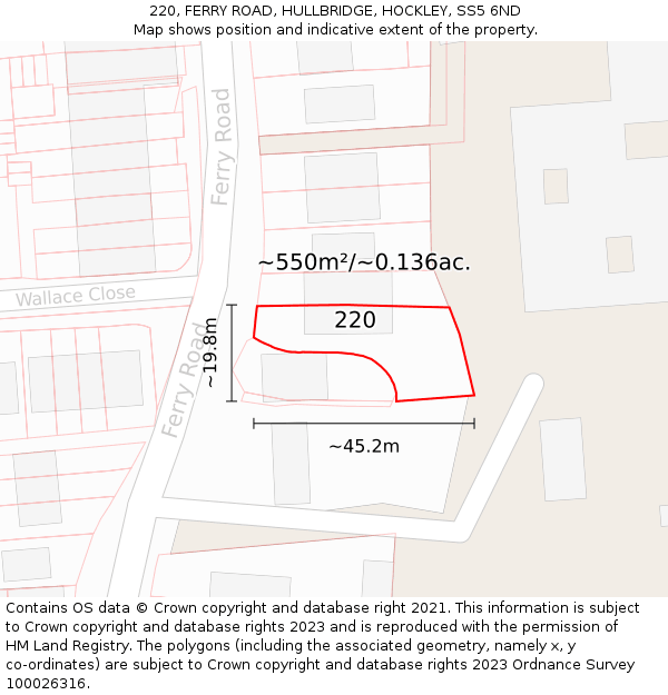 220, FERRY ROAD, HULLBRIDGE, HOCKLEY, SS5 6ND: Plot and title map