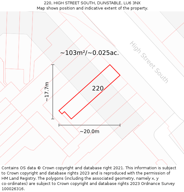 220, HIGH STREET SOUTH, DUNSTABLE, LU6 3NX: Plot and title map