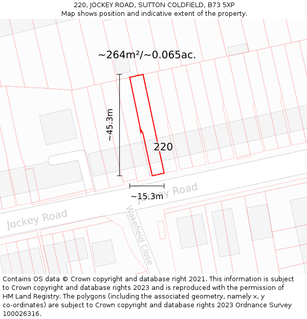 220, JOCKEY ROAD, SUTTON COLDFIELD, B73 5XP: Plot and title map