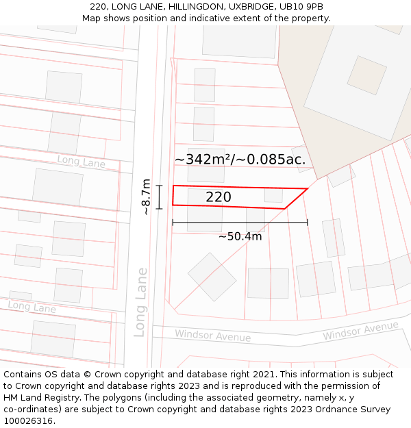 220, LONG LANE, HILLINGDON, UXBRIDGE, UB10 9PB: Plot and title map