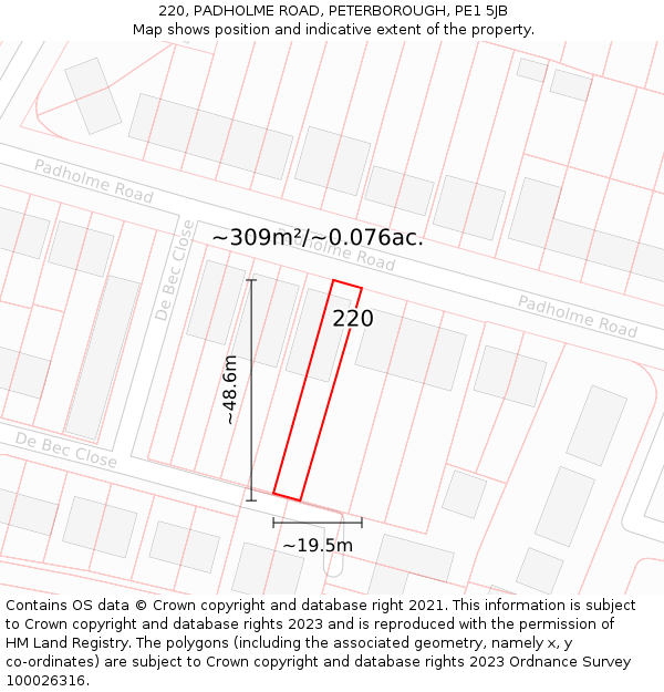220, PADHOLME ROAD, PETERBOROUGH, PE1 5JB: Plot and title map