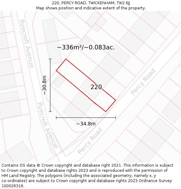 220, PERCY ROAD, TWICKENHAM, TW2 6JJ: Plot and title map