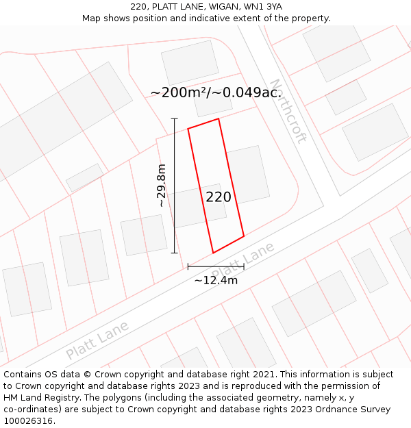 220, PLATT LANE, WIGAN, WN1 3YA: Plot and title map
