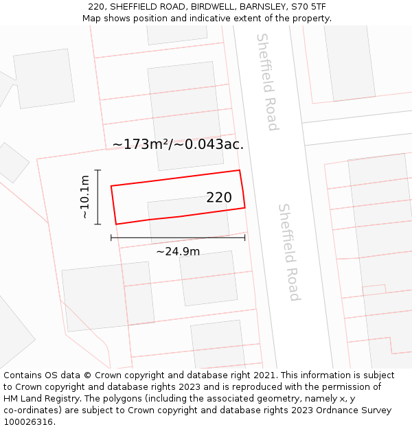 220, SHEFFIELD ROAD, BIRDWELL, BARNSLEY, S70 5TF: Plot and title map