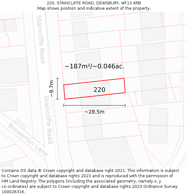 220, STAINCLIFFE ROAD, DEWSBURY, WF13 4RB: Plot and title map