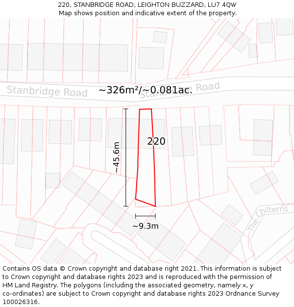 220, STANBRIDGE ROAD, LEIGHTON BUZZARD, LU7 4QW: Plot and title map