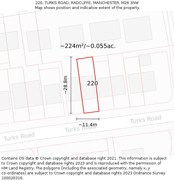 220, TURKS ROAD, RADCLIFFE, MANCHESTER, M26 3NW: Plot and title map