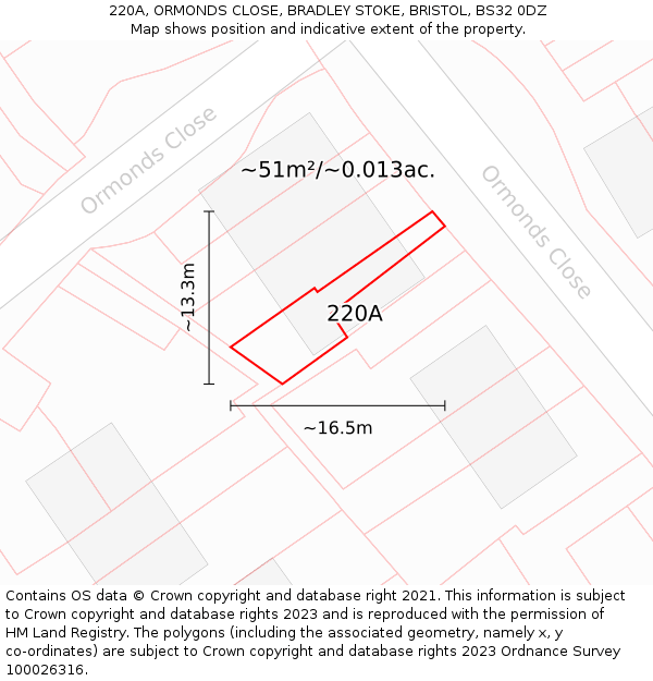 220A, ORMONDS CLOSE, BRADLEY STOKE, BRISTOL, BS32 0DZ: Plot and title map