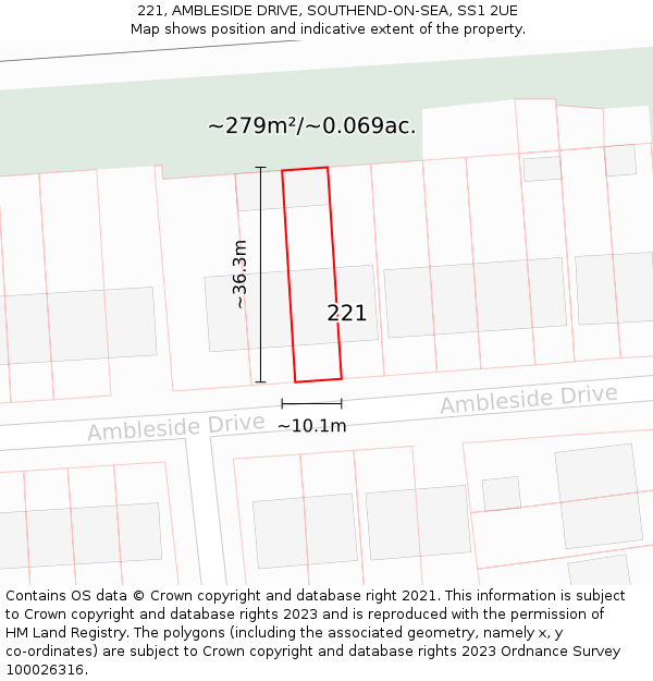 221, AMBLESIDE DRIVE, SOUTHEND-ON-SEA, SS1 2UE: Plot and title map