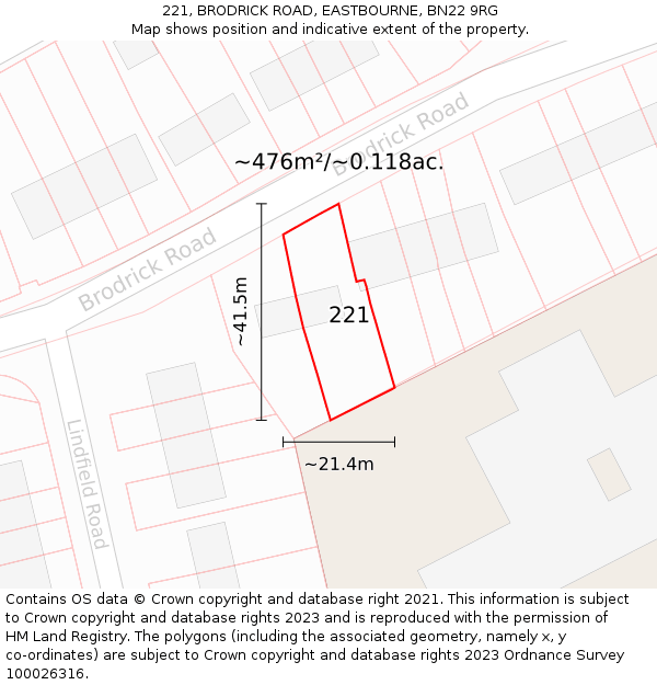 221, BRODRICK ROAD, EASTBOURNE, BN22 9RG: Plot and title map