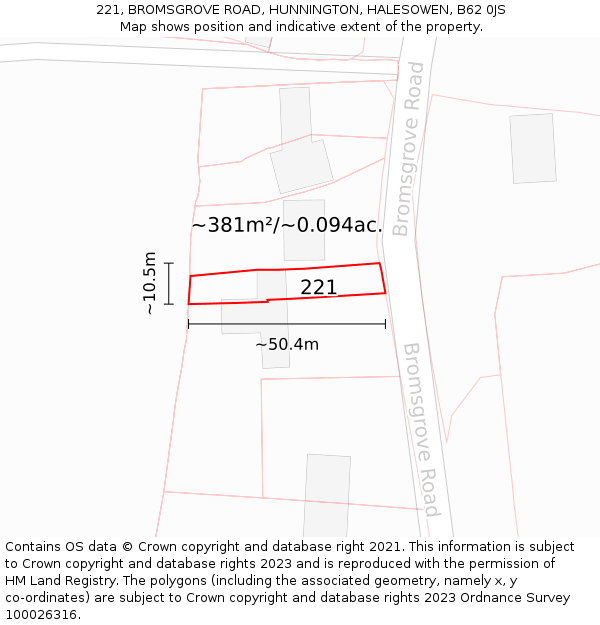 221, BROMSGROVE ROAD, HUNNINGTON, HALESOWEN, B62 0JS: Plot and title map