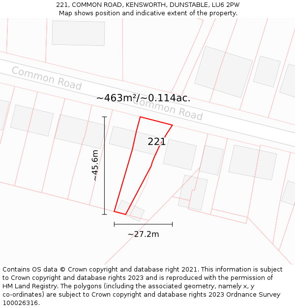 221, COMMON ROAD, KENSWORTH, DUNSTABLE, LU6 2PW: Plot and title map
