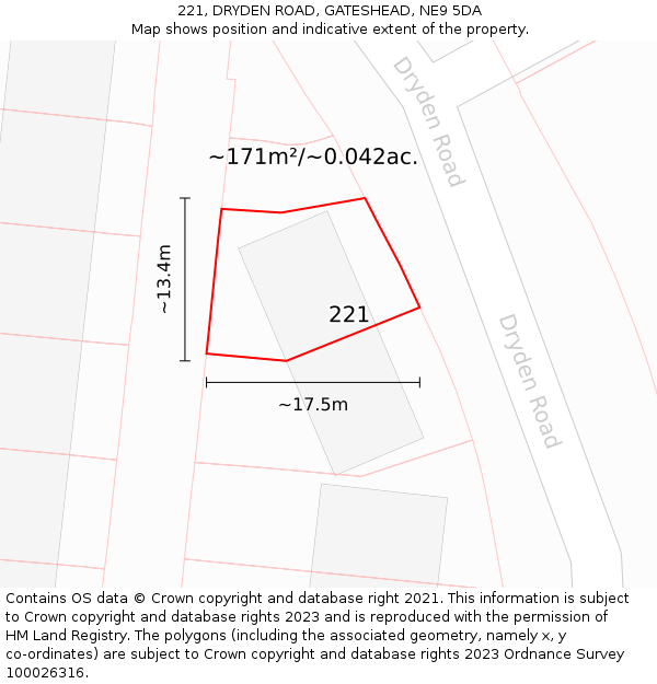 221, DRYDEN ROAD, GATESHEAD, NE9 5DA: Plot and title map