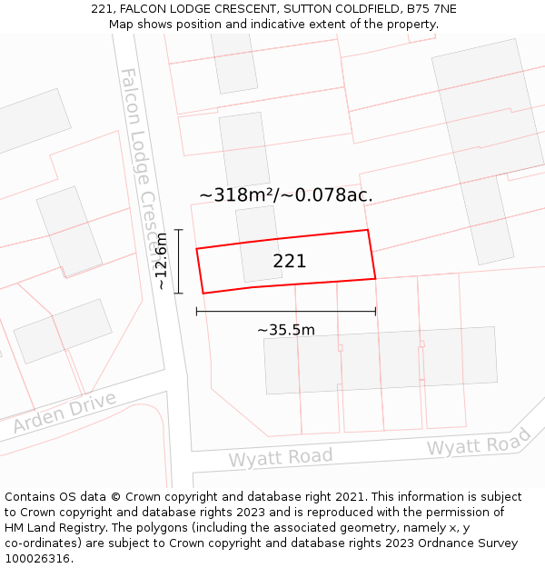 221, FALCON LODGE CRESCENT, SUTTON COLDFIELD, B75 7NE: Plot and title map