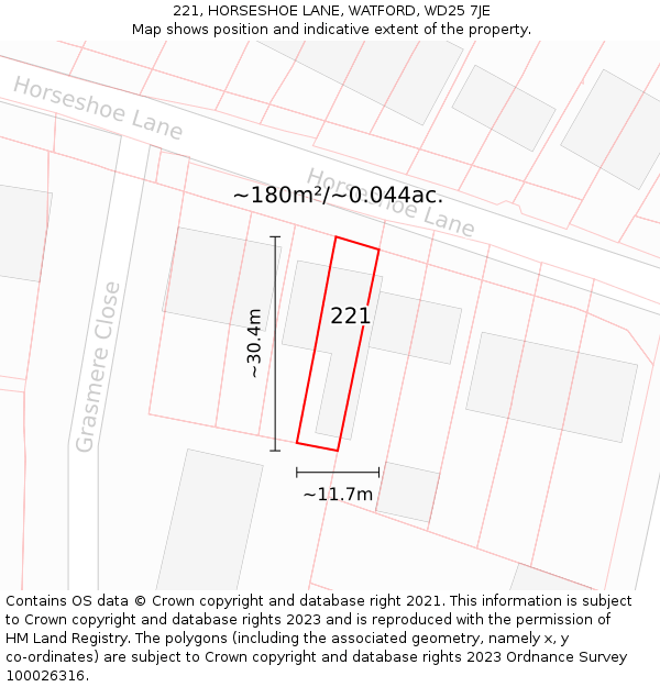 221, HORSESHOE LANE, WATFORD, WD25 7JE: Plot and title map