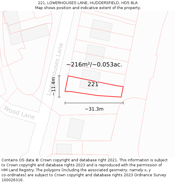 221, LOWERHOUSES LANE, HUDDERSFIELD, HD5 8LA: Plot and title map