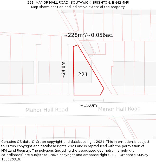 221, MANOR HALL ROAD, SOUTHWICK, BRIGHTON, BN42 4NR: Plot and title map