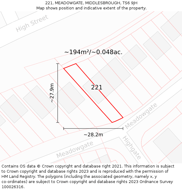 221, MEADOWGATE, MIDDLESBROUGH, TS6 9JH: Plot and title map