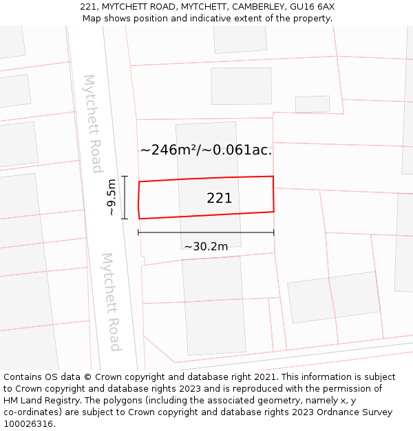 221, MYTCHETT ROAD, MYTCHETT, CAMBERLEY, GU16 6AX: Plot and title map