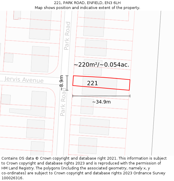 221, PARK ROAD, ENFIELD, EN3 6LH: Plot and title map