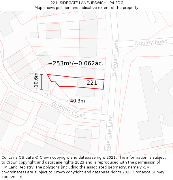 221, SIDEGATE LANE, IPSWICH, IP4 3DG: Plot and title map