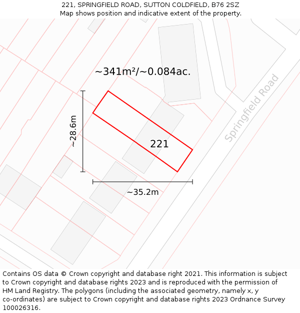 221, SPRINGFIELD ROAD, SUTTON COLDFIELD, B76 2SZ: Plot and title map