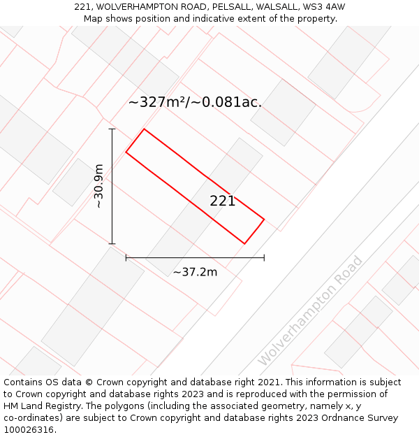 221, WOLVERHAMPTON ROAD, PELSALL, WALSALL, WS3 4AW: Plot and title map