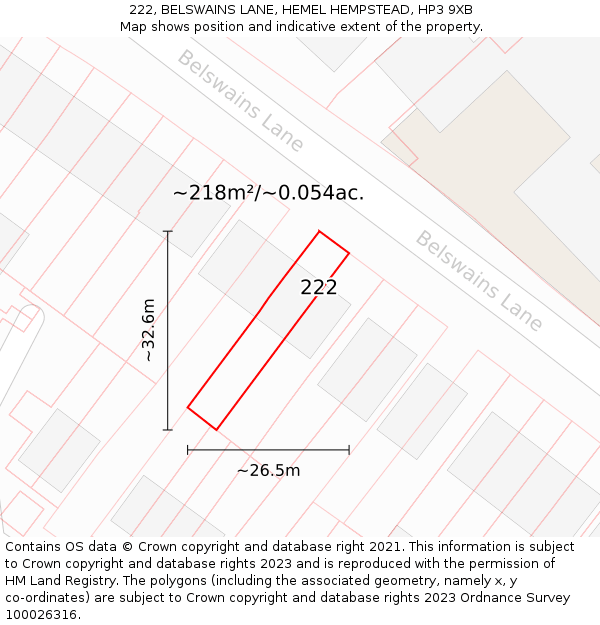 222, BELSWAINS LANE, HEMEL HEMPSTEAD, HP3 9XB: Plot and title map