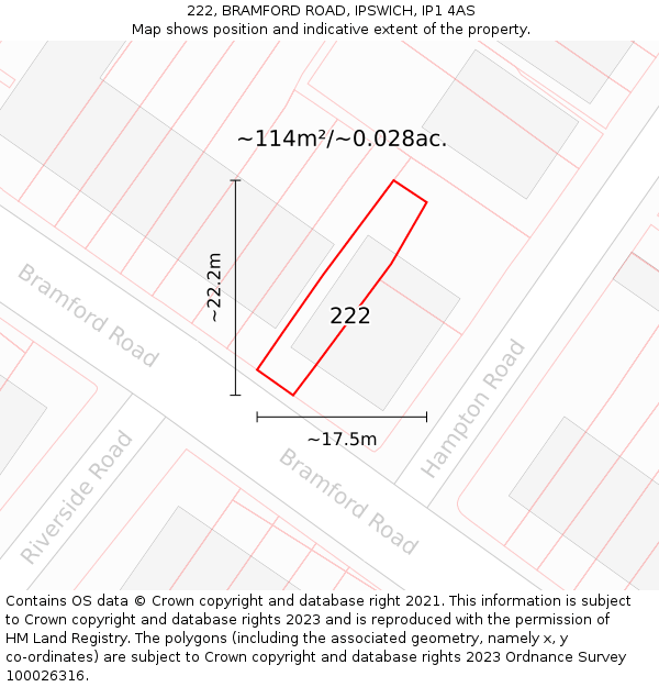 222, BRAMFORD ROAD, IPSWICH, IP1 4AS: Plot and title map