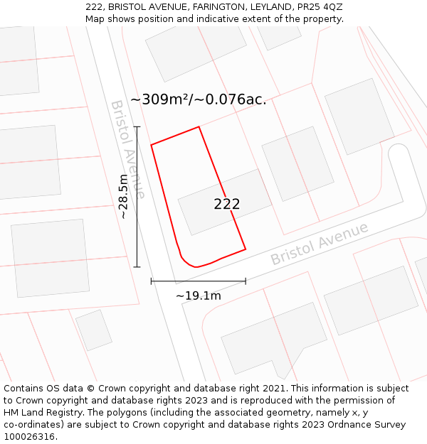222, BRISTOL AVENUE, FARINGTON, LEYLAND, PR25 4QZ: Plot and title map