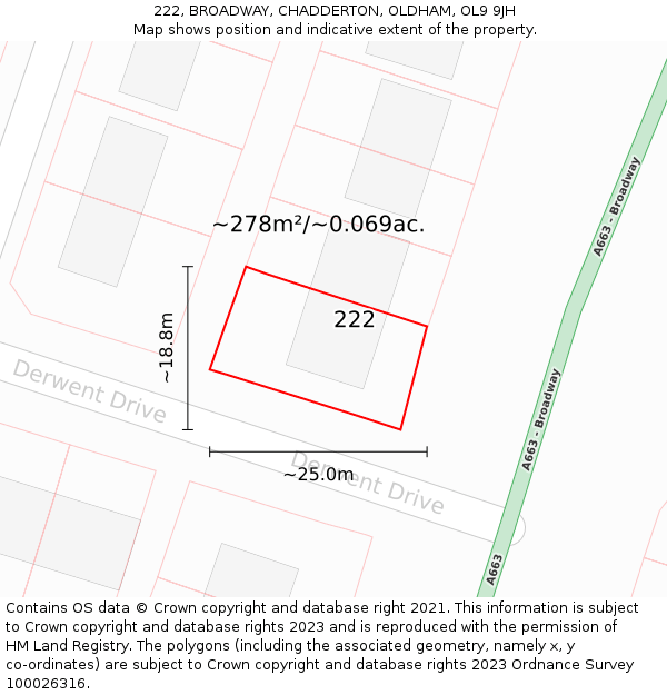222, BROADWAY, CHADDERTON, OLDHAM, OL9 9JH: Plot and title map