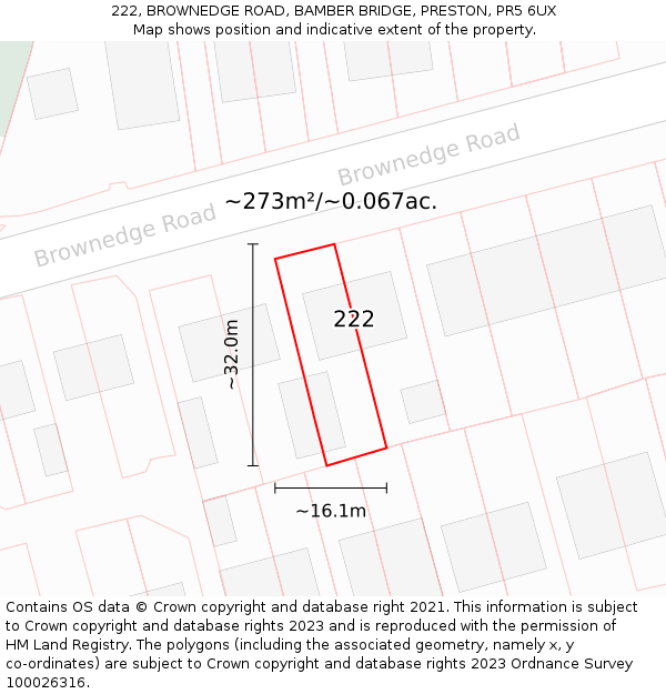 222, BROWNEDGE ROAD, BAMBER BRIDGE, PRESTON, PR5 6UX: Plot and title map