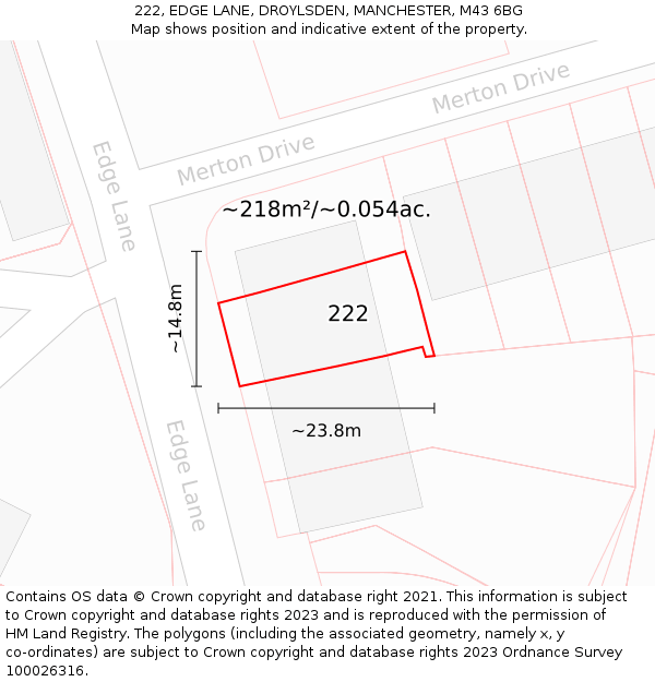 222, EDGE LANE, DROYLSDEN, MANCHESTER, M43 6BG: Plot and title map