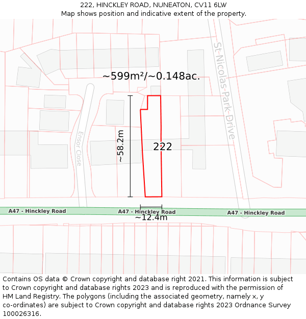 222, HINCKLEY ROAD, NUNEATON, CV11 6LW: Plot and title map