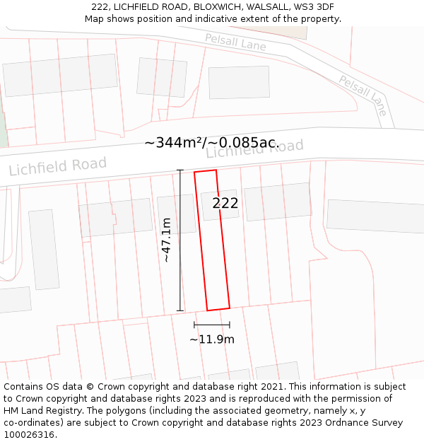 222, LICHFIELD ROAD, BLOXWICH, WALSALL, WS3 3DF: Plot and title map