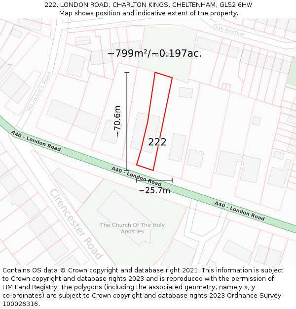 222, LONDON ROAD, CHARLTON KINGS, CHELTENHAM, GL52 6HW: Plot and title map