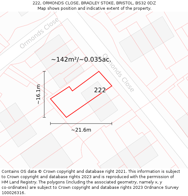 222, ORMONDS CLOSE, BRADLEY STOKE, BRISTOL, BS32 0DZ: Plot and title map