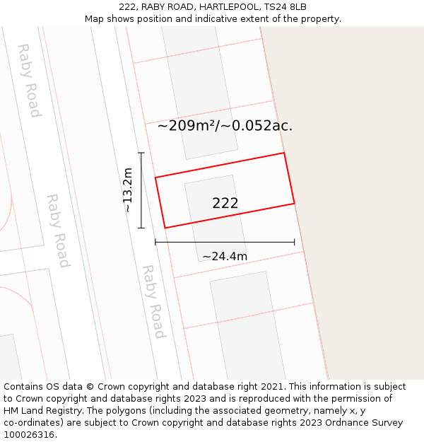 222, RABY ROAD, HARTLEPOOL, TS24 8LB: Plot and title map