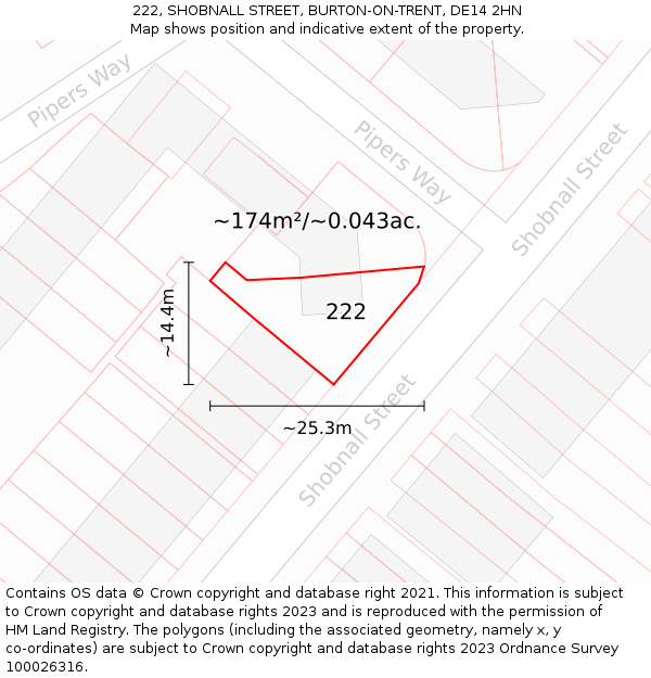222, SHOBNALL STREET, BURTON-ON-TRENT, DE14 2HN: Plot and title map