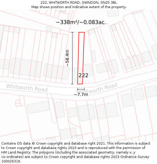 222, WHITWORTH ROAD, SWINDON, SN25 3BL: Plot and title map