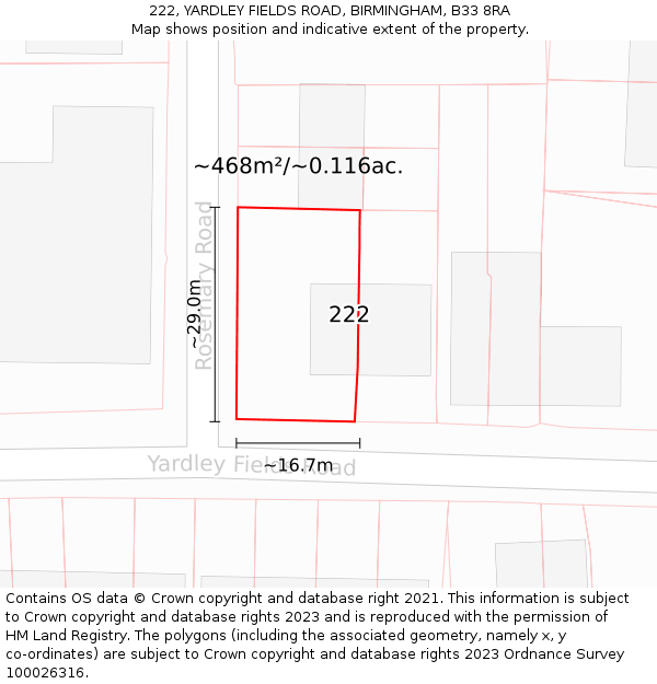 222, YARDLEY FIELDS ROAD, BIRMINGHAM, B33 8RA: Plot and title map