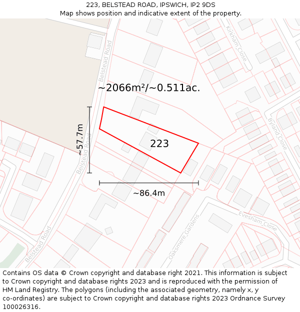 223, BELSTEAD ROAD, IPSWICH, IP2 9DS: Plot and title map