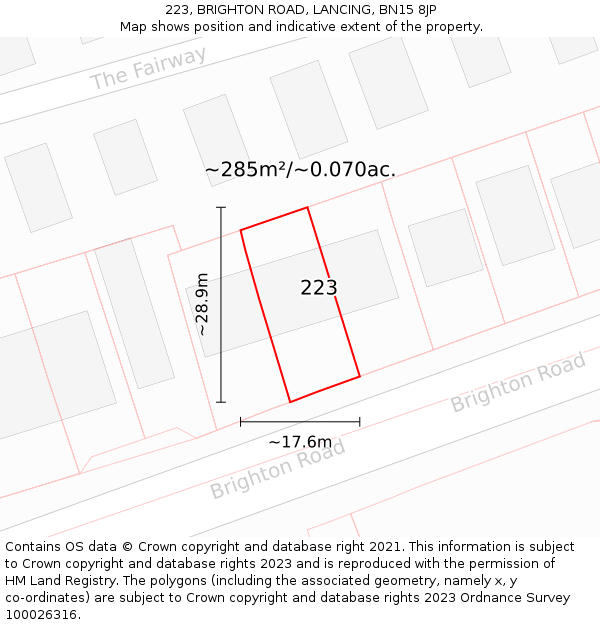 223, BRIGHTON ROAD, LANCING, BN15 8JP: Plot and title map