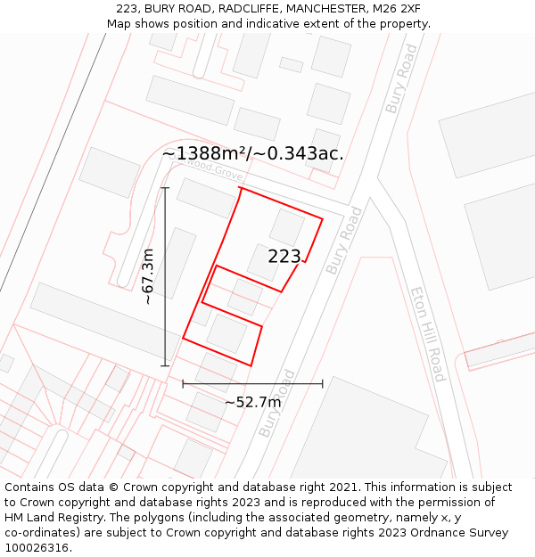 223, BURY ROAD, RADCLIFFE, MANCHESTER, M26 2XF: Plot and title map
