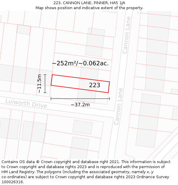 223, CANNON LANE, PINNER, HA5 1JA: Plot and title map