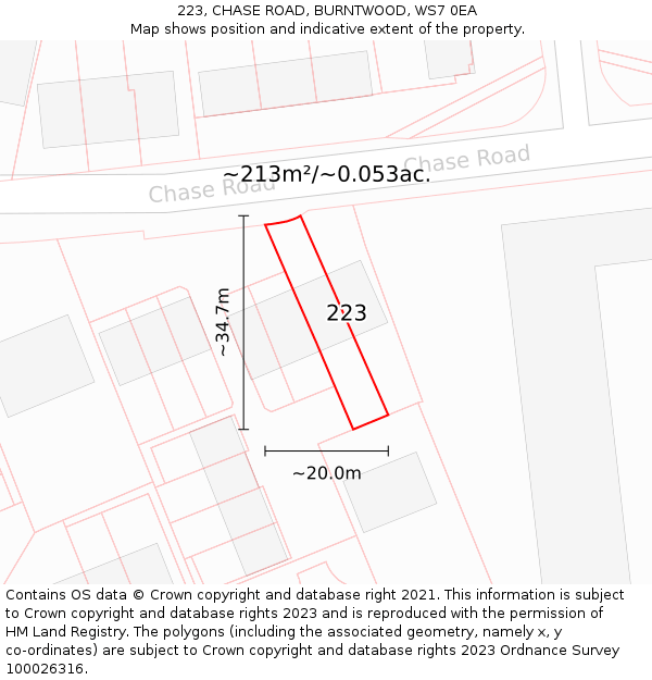 223, CHASE ROAD, BURNTWOOD, WS7 0EA: Plot and title map