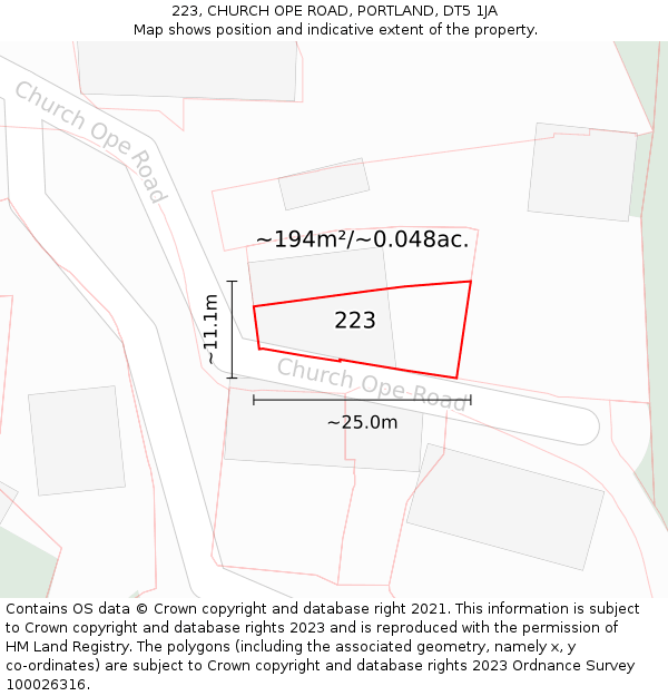 223, CHURCH OPE ROAD, PORTLAND, DT5 1JA: Plot and title map