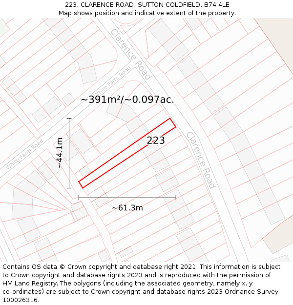 223, CLARENCE ROAD, SUTTON COLDFIELD, B74 4LE: Plot and title map