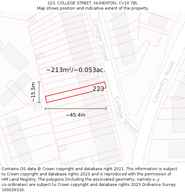 223, COLLEGE STREET, NUNEATON, CV10 7BL: Plot and title map
