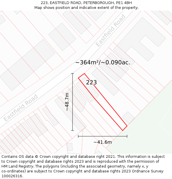 223, EASTFIELD ROAD, PETERBOROUGH, PE1 4BH: Plot and title map